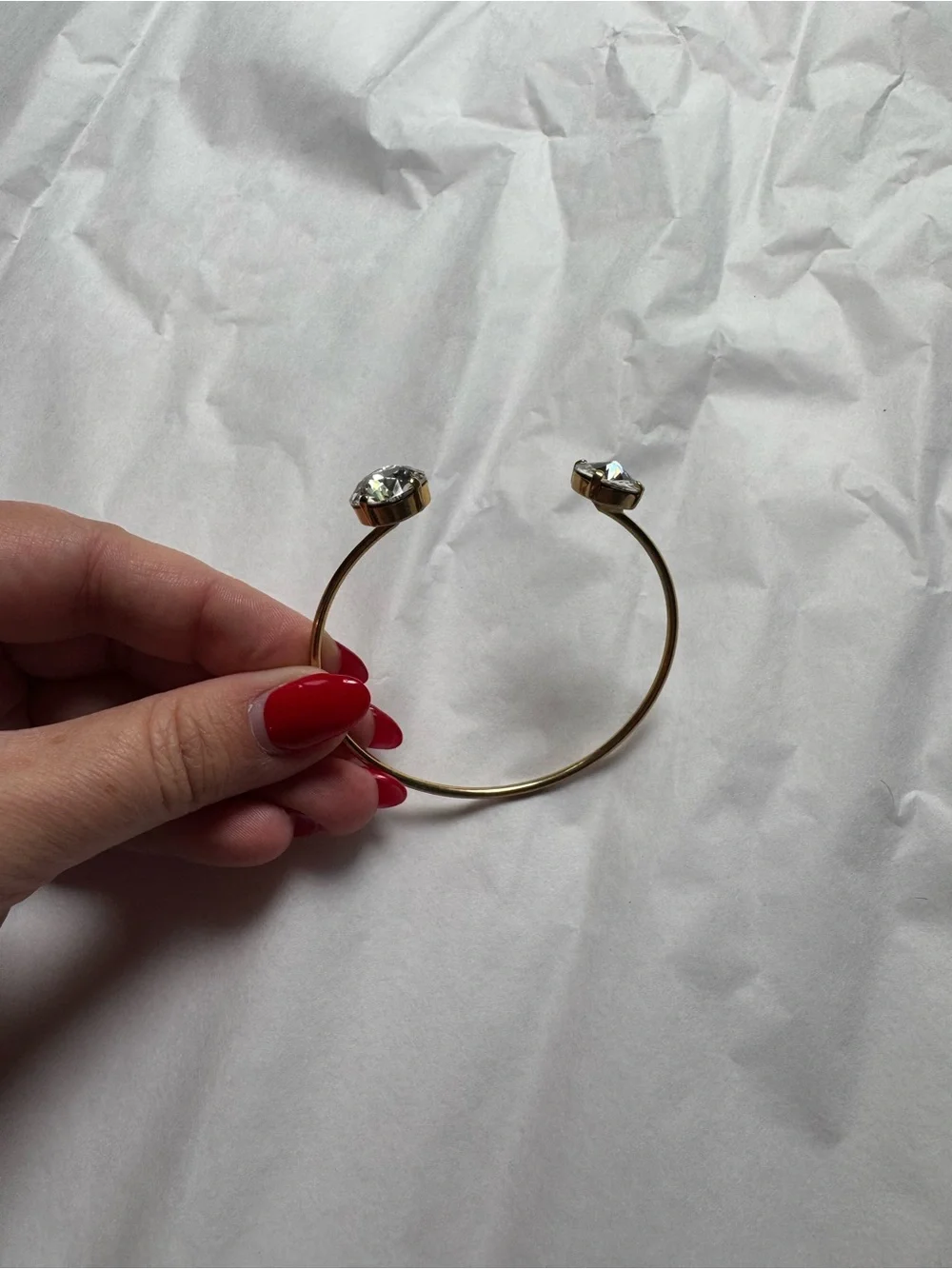 Gold Open Cuff Bracelet with Clear Crystal Ends - Women Jewelry